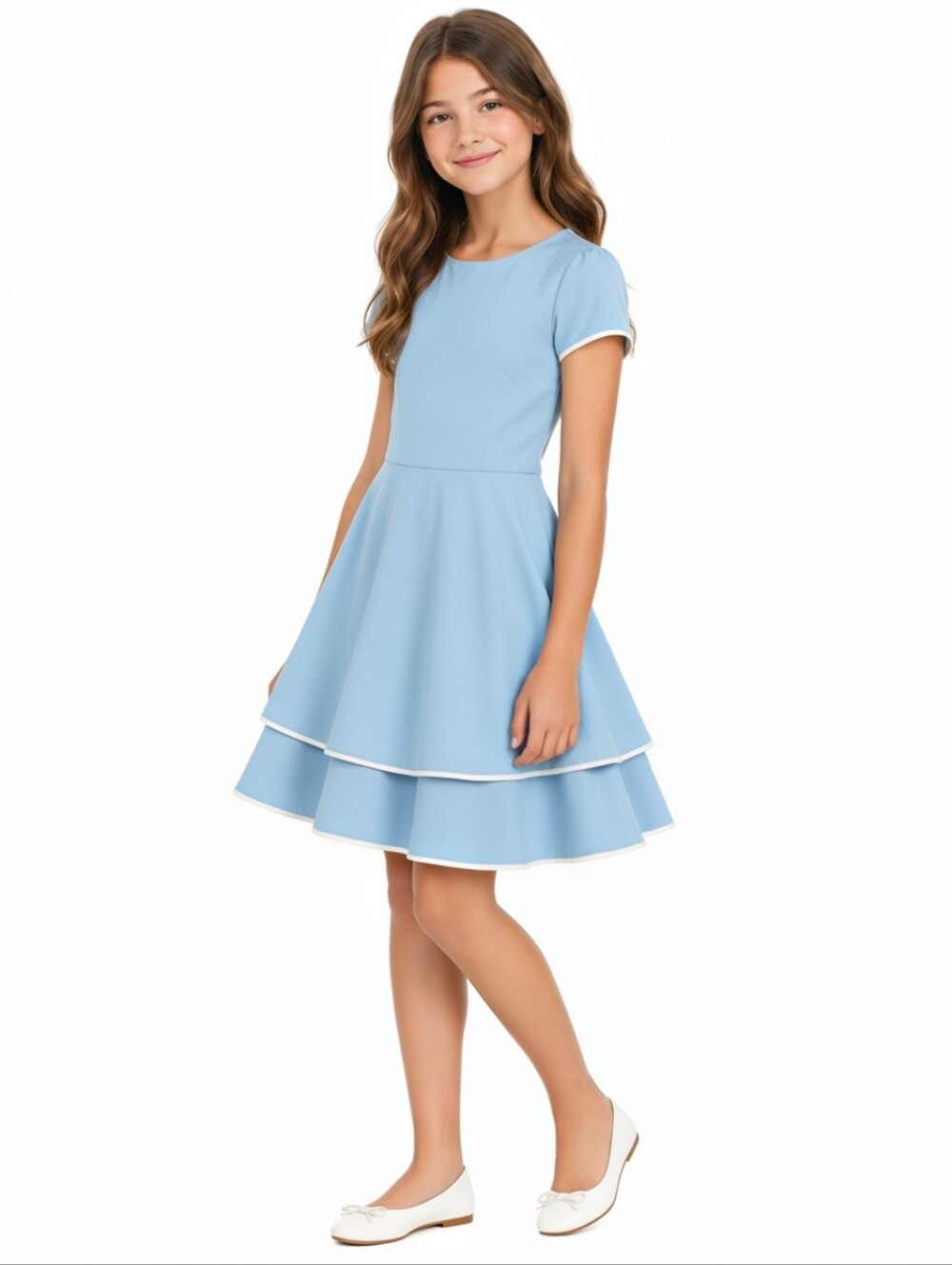 love...ady Girl's Light Blue Short Sleeve Dress with White Trim